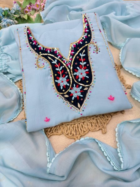 Refined Sky Blue Premium Chanderi Top with Roman Cotton Silk Pant and Dupatta Ready To Wear Collection