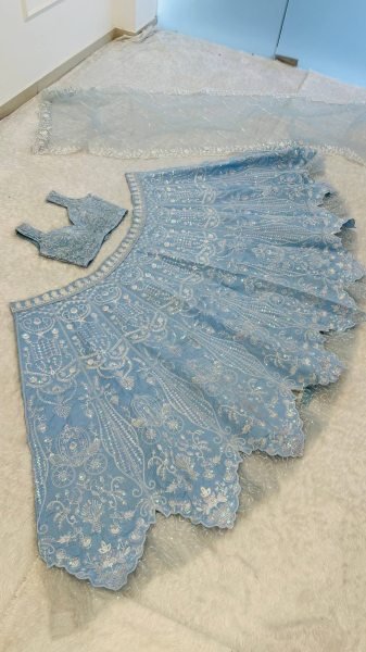 Refined Sky Blue Slub Silk Lehenga Choli with Rainbow Sequins Work for Wedding Wear Bollywood Lehenga Choli