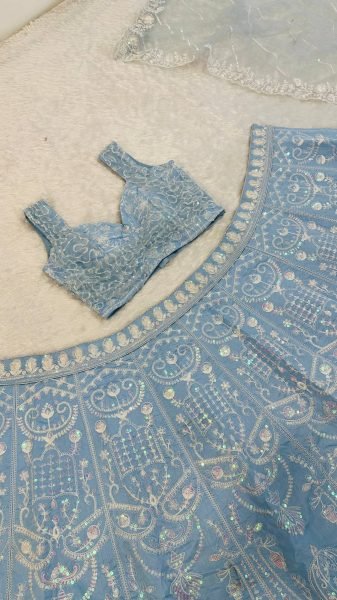 Refined Sky Blue Slub Silk Lehenga Choli with Rainbow Sequins Work for Wedding Wear Bollywood Lehenga Choli