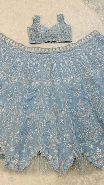 Refined Sky Blue Slub Silk Lehenga Choli with Rainbow Sequins Work for Wedding Wear Bollywood Lehenga Choli