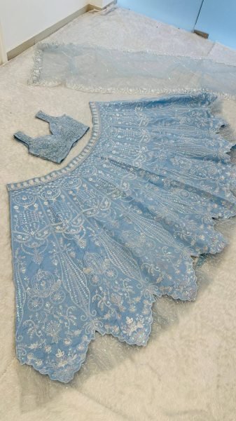 Refined Sky Blue Slub Silk Lehenga Choli with Rainbow Sequins Work for Wedding Wear Bollywood Lehenga Choli