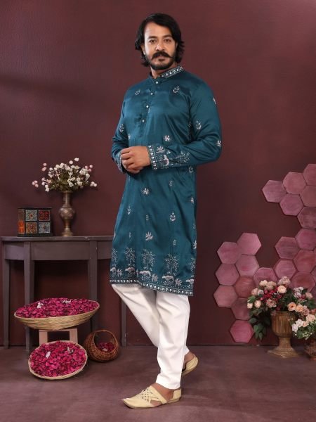 Refined Teal Blue Smart Silk Kurta Pyjama Set with Sequin Embroidery for Wedding 