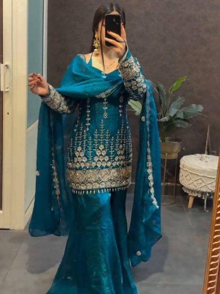 Refined Teal Blue Traditional Ethnic Wear for Festive and Reception Wear Ready To Wear Suit