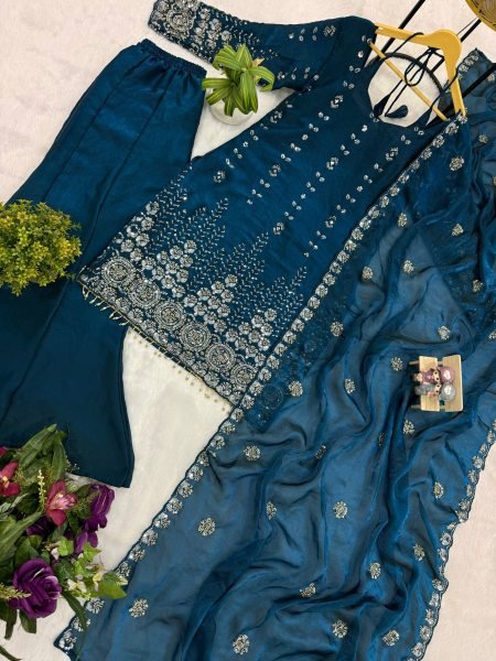 Refined Teal Blue Traditional Ethnic Wear for Festive and Reception Wear Ready To Wear Collection