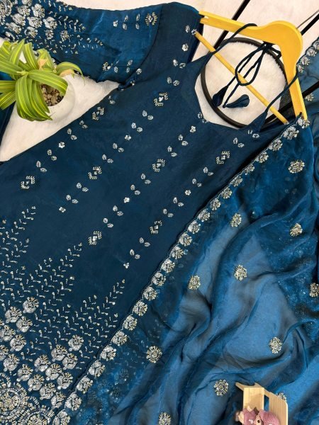 Refined Teal Blue Traditional Ethnic Wear for Festive and Reception Wear Ready To Wear Collection