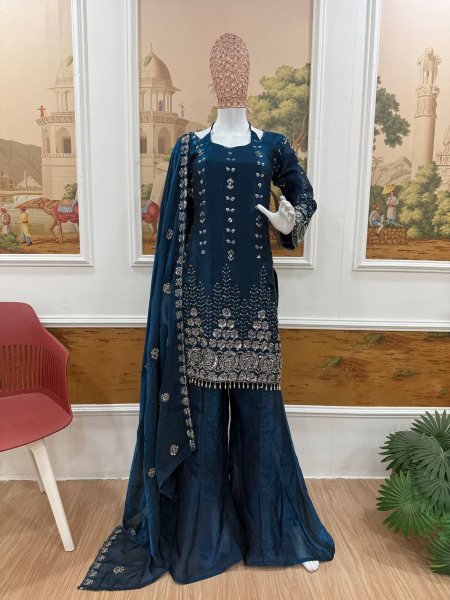 Refined Teal Blue Traditional Ethnic Wear for Festive and Reception Wear Ready To Wear Collection