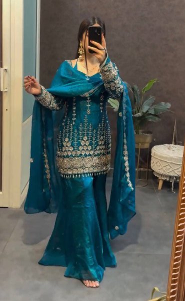 Refined Teal Blue Traditional Ethnic Wear for Festive and Reception Wear Ready To Wear Collection