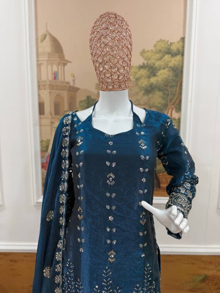 Refined Teal Blue Traditional Ethnic Wear for Festive and Reception Wear Ready To Wear Collection