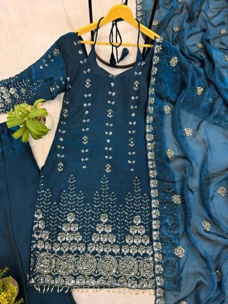 Refined Teal Blue Traditional Ethnic Wear for Festive and Reception Wear Ready To Wear Collection