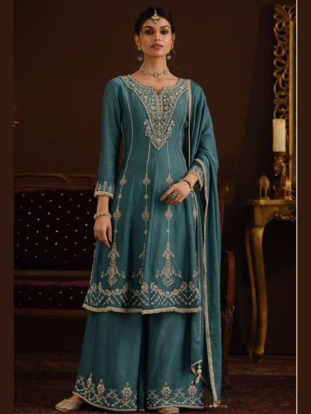 Refined Teal Blue Wedding Special Designer Anarkali Sharara Suit with Heavy Dupatta Work Salwar Kameez