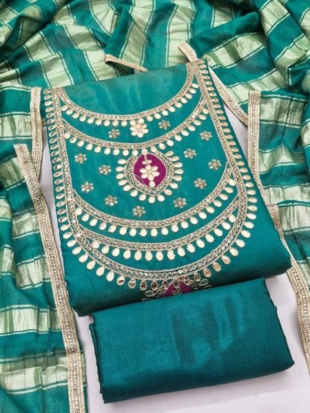 Refined Teal Green Boutique Style Roman Simmer Silk Dress Material with Embroidery 