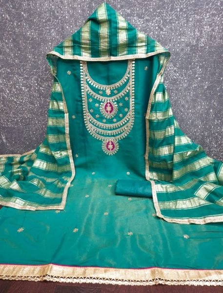 Refined Teal Green Boutique Style Roman Simmer Silk Dress Material with Embroidery Color Set Matching Dress Material Wholesale
