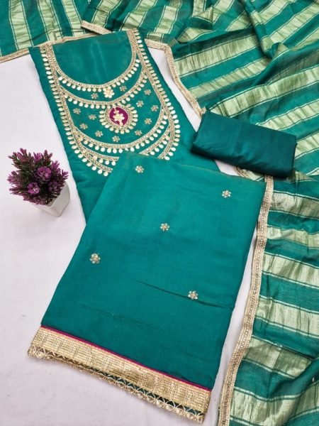 Refined Teal Green Boutique Style Roman Simmer Silk Dress Material with Embroidery Color Set Matching Dress Material Wholesale