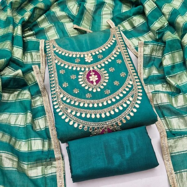 Refined Teal Green Boutique Style Roman Simmer Silk Dress Material with Embroidery Color Set Matching Dress Material Wholesale