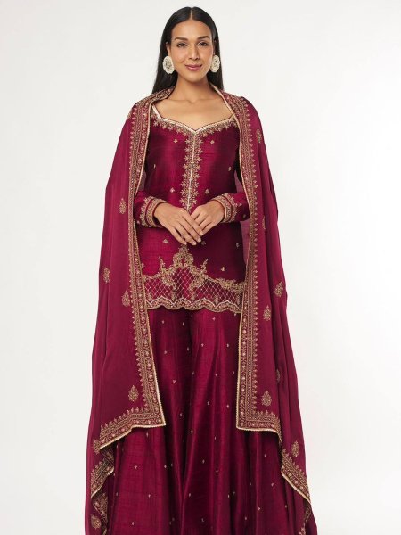 Refined Vichitra Silk Kurti Flared Palazzo Set With Zari Embroidery Work Dupatta For Party Ready To Wear Suit