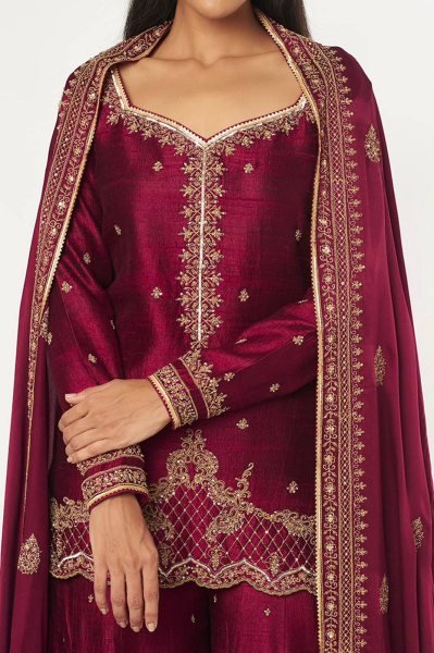 Refined Vichitra Silk Kurti Flared Palazzo Set With Zari Embroidery Work Dupatta For Party Ready To Wear Collection
