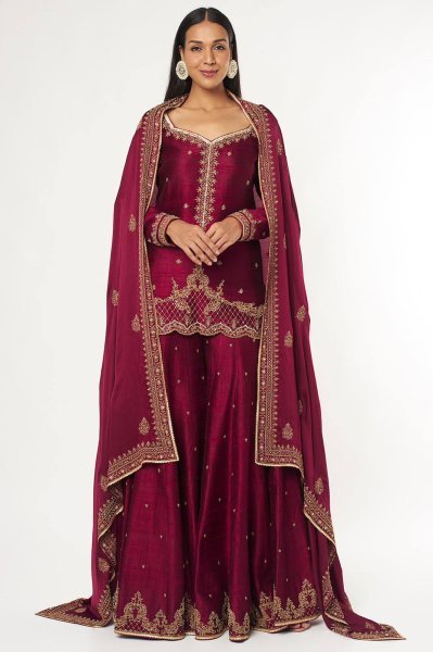 Refined Vichitra Silk Kurti Flared Palazzo Set With Zari Embroidery Work Dupatta For Party Ready To Wear Collection