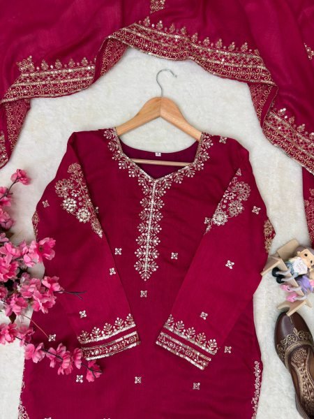 Refined Vichitra Silk Kurti Flared Palazzo Set With Zari Embroidery Work Dupatta For Party Ready To Wear Collection