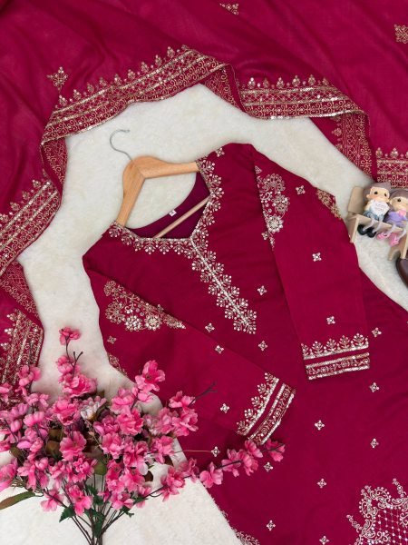 Refined Vichitra Silk Kurti Flared Palazzo Set With Zari Embroidery Work Dupatta For Party Ready To Wear Collection