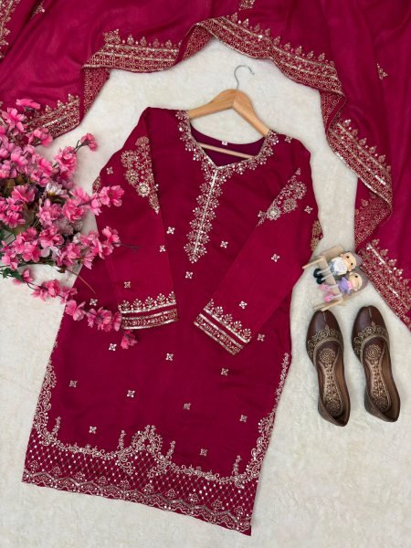 Refined Vichitra Silk Kurti Flared Palazzo Set With Zari Embroidery Work Dupatta For Party Ready To Wear Collection
