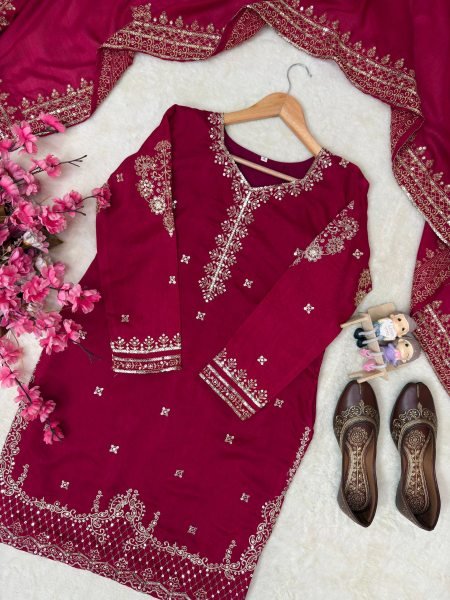 Refined Vichitra Silk Kurti Flared Palazzo Set With Zari Embroidery Work Dupatta For Party Ready To Wear Collection
