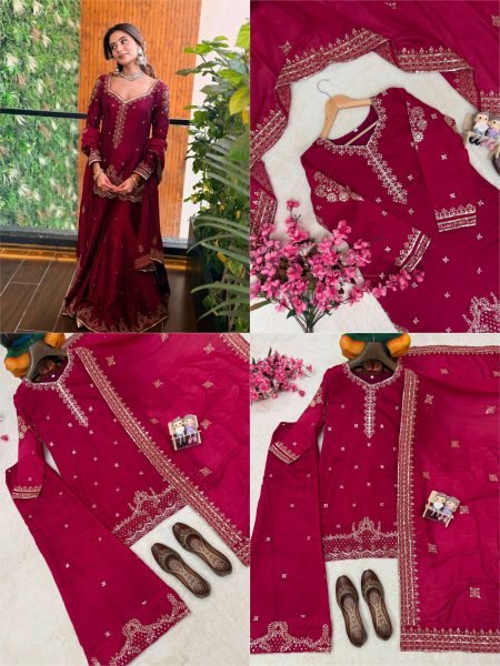 Refined Vichitra Silk Kurti Flared Palazzo Set With Zari Embroidery Work Dupatta For Party Ready To Wear Collection