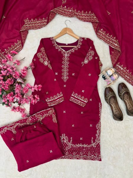 Refined Vichitra Silk Kurti Flared Palazzo Set With Zari Embroidery Work Dupatta For Party Ready To Wear Collection