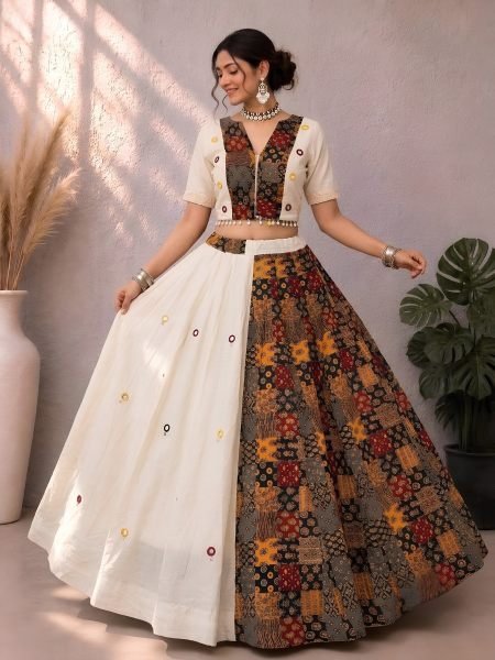 Refined White Ajrakh Cotton Lehenga Choli with Flexi Fit Mirror Work Blouse 