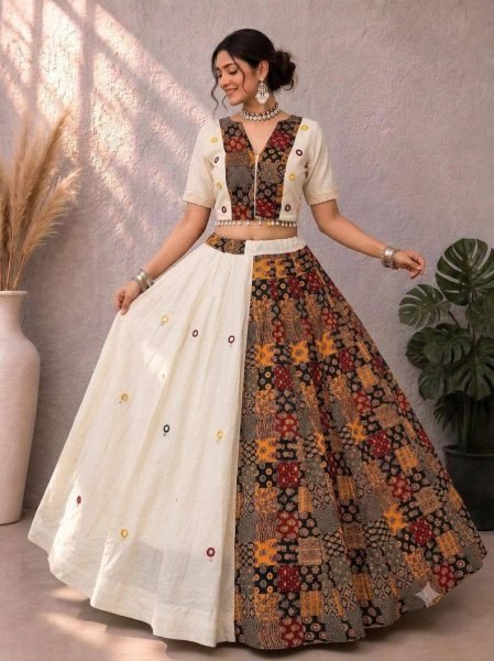 Refined White Ajrakh Cotton Lehenga Choli with Flexi Fit Mirror Work Blouse Navratri Lehnega Choli