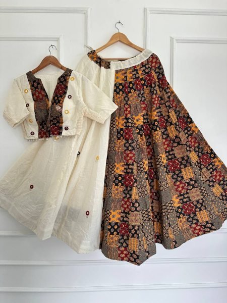 Refined White Ajrakh Cotton Lehenga Choli with Flexi Fit Mirror Work Blouse Navratri Lehnega Choli