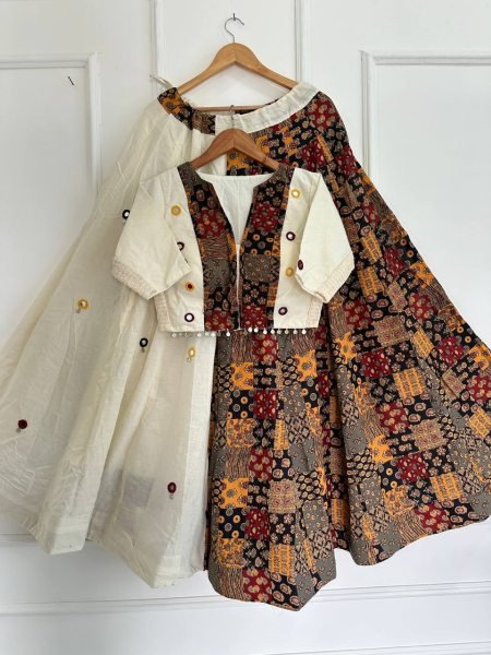 Refined White Ajrakh Cotton Lehenga Choli with Flexi Fit Mirror Work Blouse Navratri Lehnega Choli