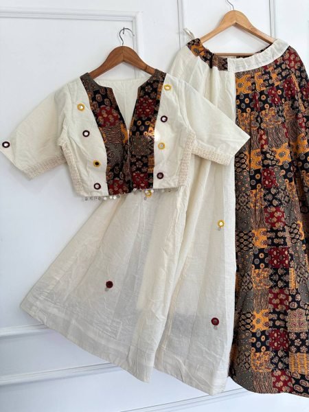 Refined White Ajrakh Cotton Lehenga Choli with Flexi Fit Mirror Work Blouse Navratri Lehnega Choli