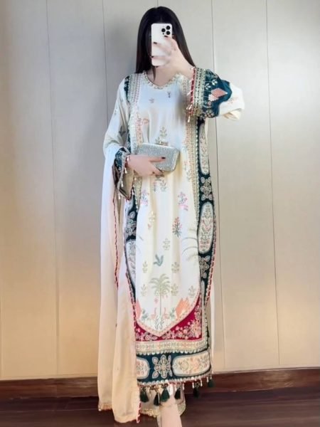 Refined White Designer Star Silk Kaftan Set with Rangoli Embroidered Dupatta For Bulk Order Ready To Wear Suit