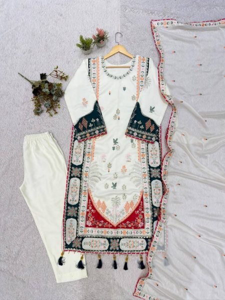 Refined White Designer Star Silk Kaftan Set with Rangoli Embroidered Dupatta For Bulk Order Ready To Wear Collection