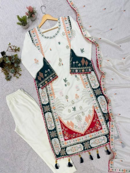 Refined White Designer Star Silk Kaftan Set with Rangoli Embroidered Dupatta For Bulk Order Ready To Wear Collection
