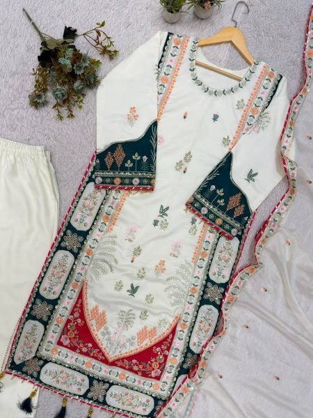 Refined White Designer Star Silk Kaftan Set with Rangoli Embroidered Dupatta For Bulk Order Ready To Wear Collection