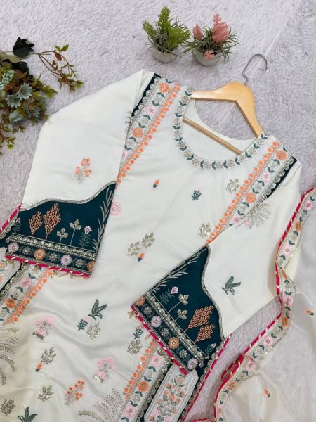 Refined White Designer Star Silk Kaftan Set with Rangoli Embroidered Dupatta For Bulk Order Ready To Wear Collection