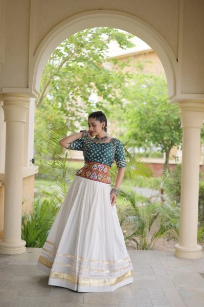 Refined White Green Cora Cotton Lehenga with Attractive Gota Patti and Lace Work Navratri Lehnega Choli