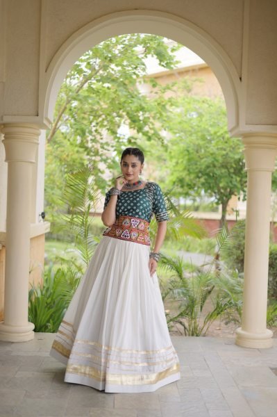 Refined White Green Cora Cotton Lehenga with Attractive Gota Patti and Lace Work Navratri Lehnega Choli
