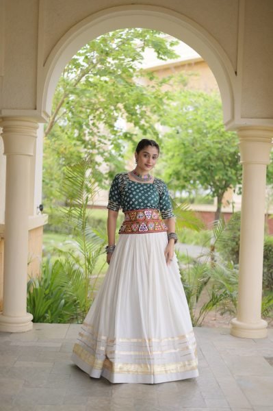 Refined White Green Cora Cotton Lehenga with Attractive Gota Patti and Lace Work Navratri Lehnega Choli