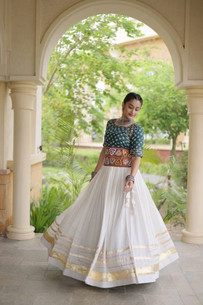 Refined White Green Cora Cotton Lehenga with Attractive Gota Patti and Lace Work Navratri Lehnega Choli