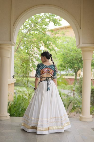 Refined White Green Cora Cotton Lehenga with Attractive Gota Patti and Lace Work Navratri Lehnega Choli