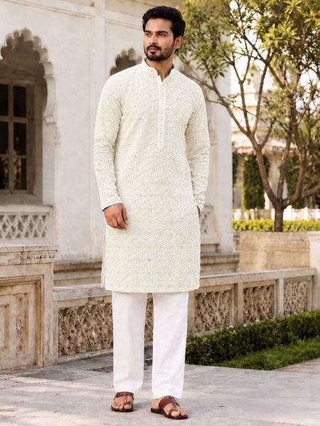 Refined White Long Chikan Schiffli Work Kurta with Raymond Cotton Pyjama 