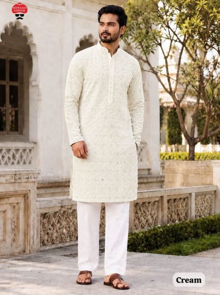 Refined White Long Chikan Schiffli Work Kurta with Raymond Cotton Pyjama Kurta Pajama Wholesale