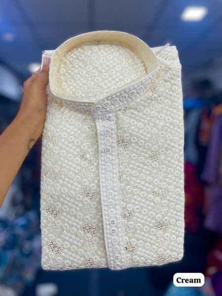 Refined White Long Chikan Schiffli Work Kurta with Raymond Cotton Pyjama Kurta Pajama Wholesale