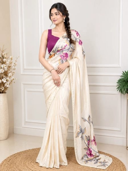 Refined White Party Wear Satin Silk Saree with Pearl Lace Border at Manufacturer Rate 
