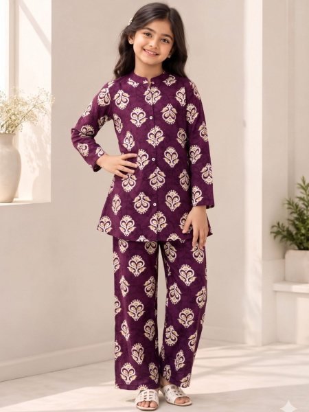 Refined Wine Fashionable Cotton Printed Cord Set for Growing Kids  Kurtis