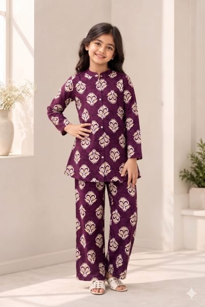 Refined Wine Fashionable Cotton Printed Cord Set for Growing Kids  Girls Wear