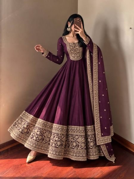 Refined Wine Heavy Roman Silk Gown with Coding Sequin Embroidery for Wedding Ready To Wear Suit