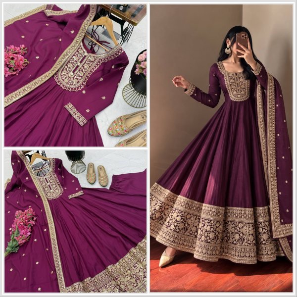 Refined Wine Heavy Roman Silk Gown with Coding Sequin Embroidery for Wedding Ready To Wear Collection